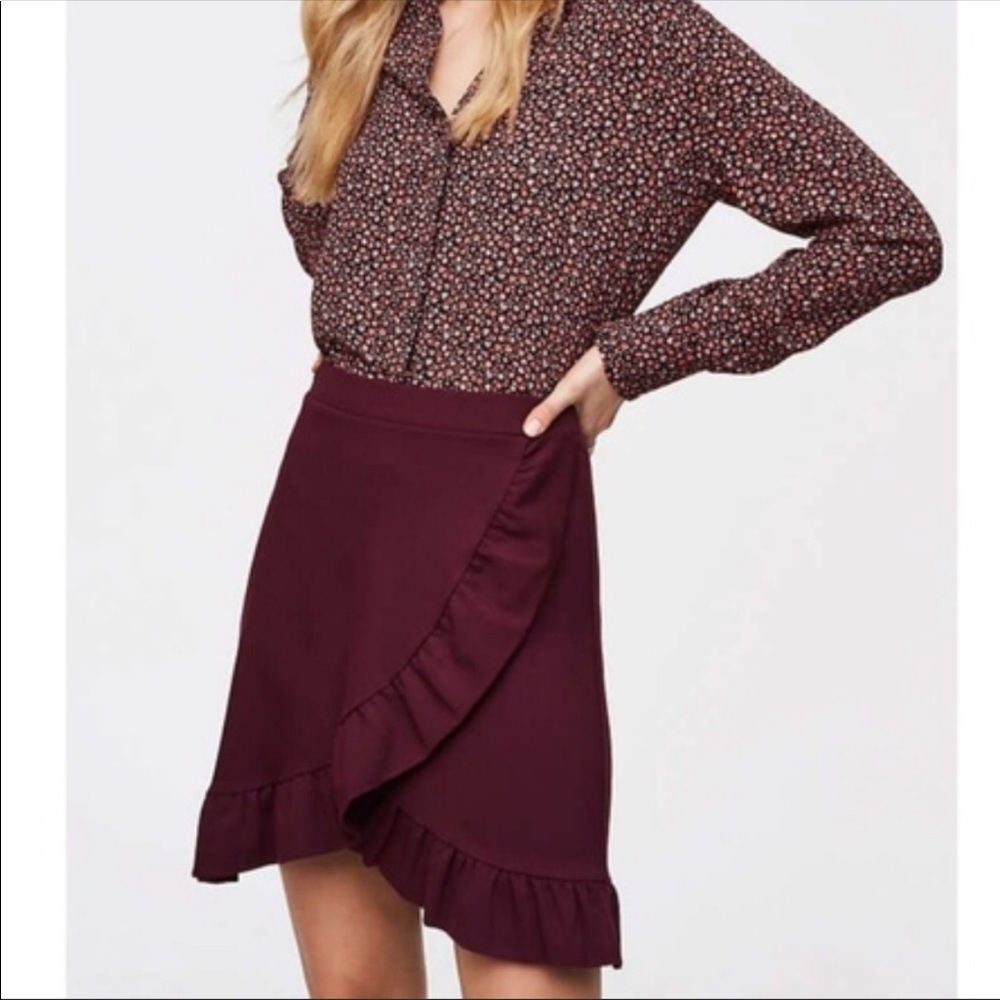 Ann Taylor Loft Burgundy Ruffle Trim Skirt - Small